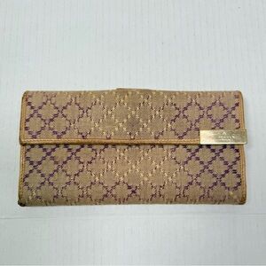 Gucci Vintage Canvas Wallet Purple Monogram Beige Leather Trim Snap Closure